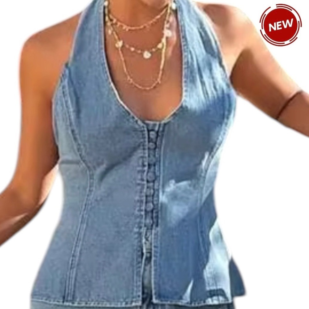 Shein Dazy Women Blue Denim Halter Top Button Front Backless Vest Size L | 0351